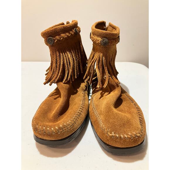 Minnetonka Brown Suede Fringe Back Zip Ankle Bootie Moccasin Shoes Size 7 - Picture 2 of 10